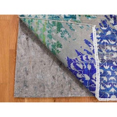 2'x2' Gray Sari Silk With Textured Wool Hand Knotted Oriental Rug