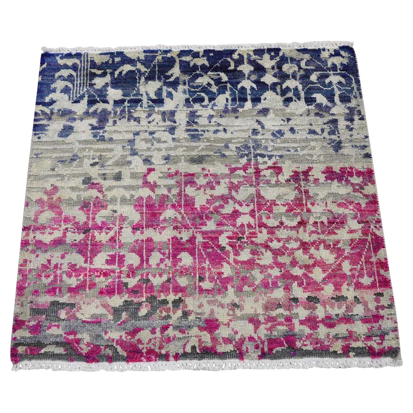 2'x2' Gray Sari Silk With Textured Wool Hand Knotted Oriental Rug For Sale
