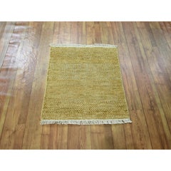 2'x2' Honey Brown Modern Grass Design Wool and Silk Hand Knotted Square Rug