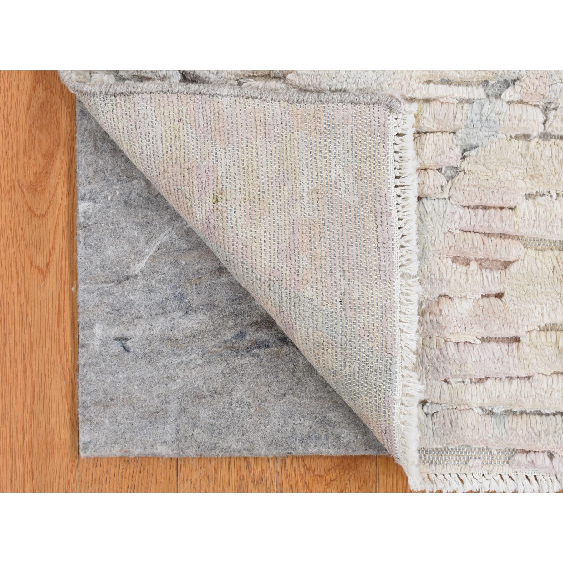 Lace White, Sample Fragment, luxurious Plush, Pure Silk with Textured Wool, Hand Knotted, Square, Oriental Rug
Primary materials: Wool 
Pure Silk
Latex: No Pile 
height: 0.25 Inches
Style: Transitional
Primary color: Ivory
Secondary colors: Sky