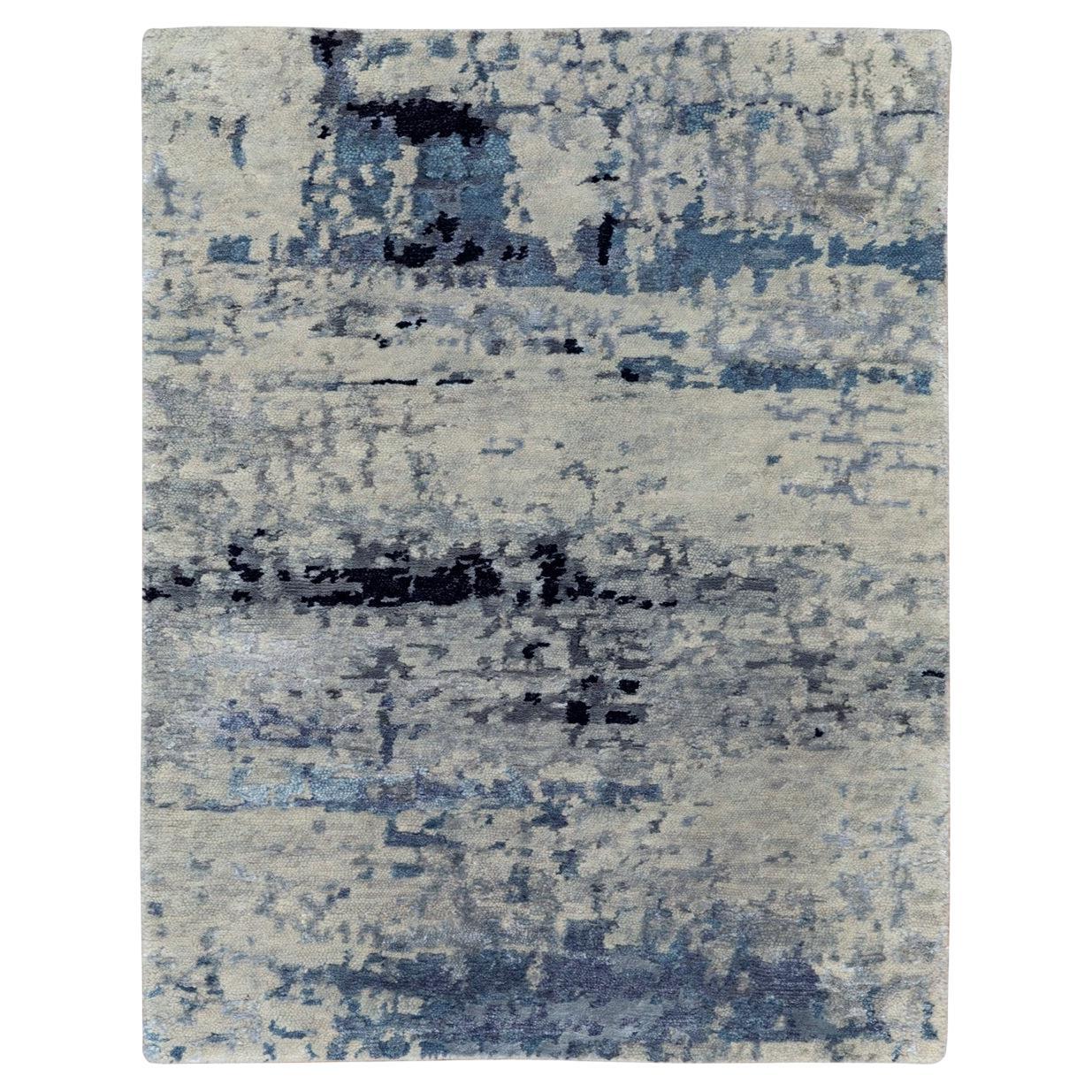 Tappeto 2'x2'10" Abstract Design Hi-Low Pile Silver-Blue annodato a mano in lana e seta in vendita