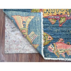 2'x2'10" Blue Afghan Peshawar Oceanic Fish Design Wool Hand Knotted Mat Rug