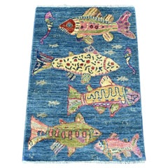 2'x2'10" Blue Afghan Peshawar Oceanic Fish Design Wool Hand Knotted Mat Rug