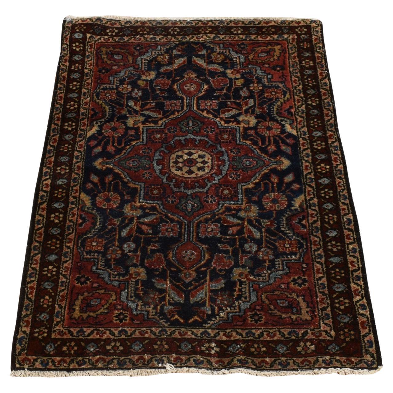 2'x2'10" Blue Antique Persian Sarouk Hand Knotted Pure Wool Even Wear Mat Rug