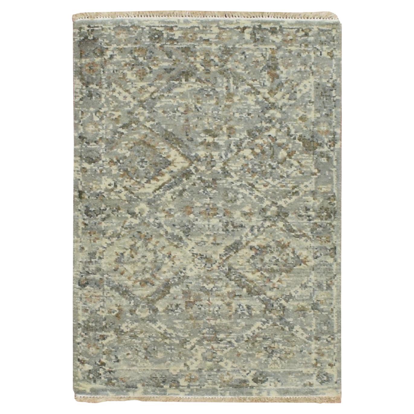 2
x2
10" Gray Erased and Broken Garden Design Hand Knotted Pure Wool Mat Rug For Sale