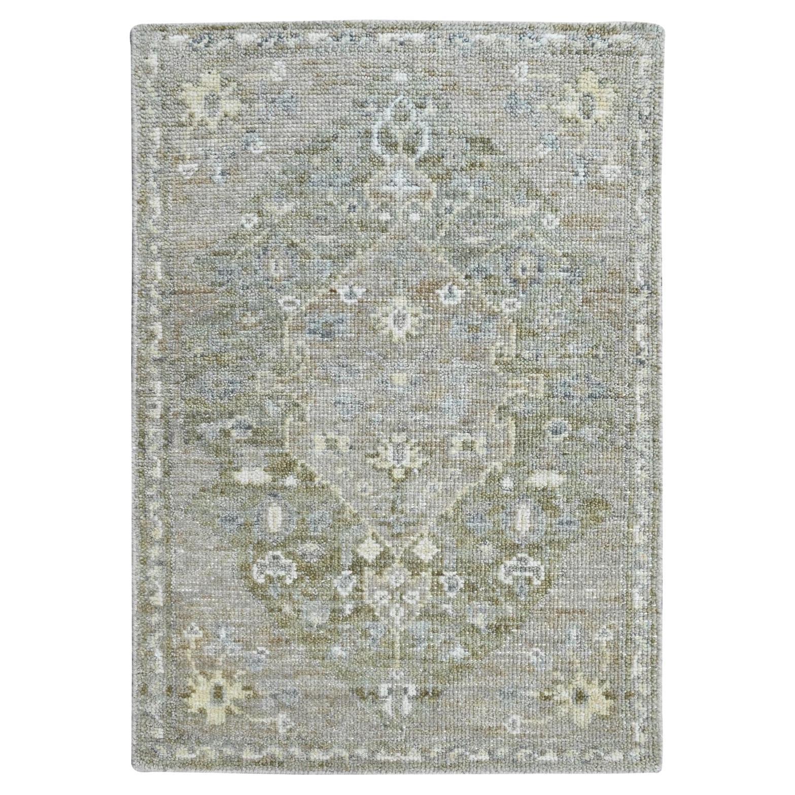 2'x2'10" Gray-Green Oushak Sample Cropped Low Hand Knotted 100% Wool Mat Rug For Sale