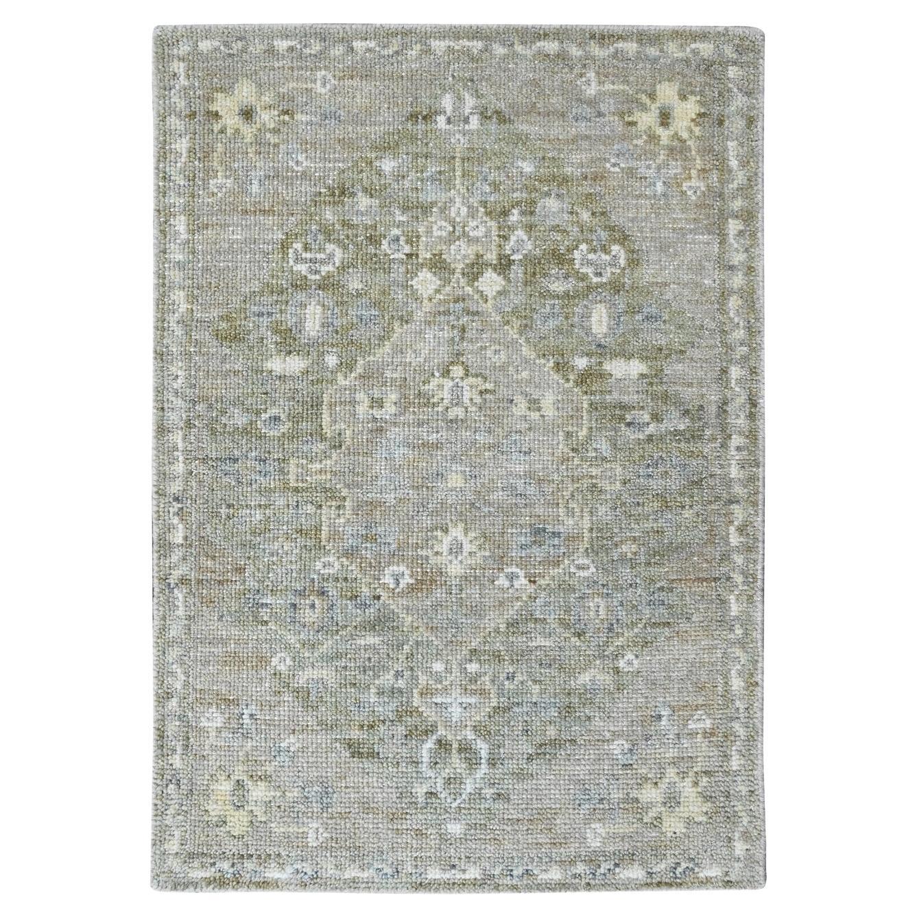 2'x2'10" Gray-Green Oushak Sample Cropped Low Hand Knotted Pure Wool Mat Rug