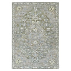 2'x2'10" Gray-Green Oushak Sample Cropped Low Hand Knotted Pure Wool Mat Rug
