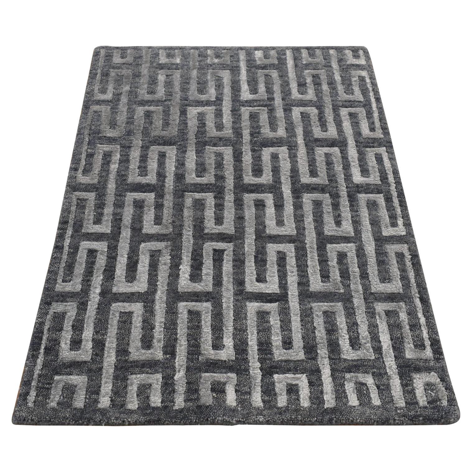 2'x2'10" Gray, Wool and Silk, Roman Key Design, Hand Knotted, Sample Rug