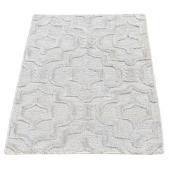 2'x2'10" Ivory Hi-Low Modern Textured Wool Hand Knotted Mat Oriental Rug