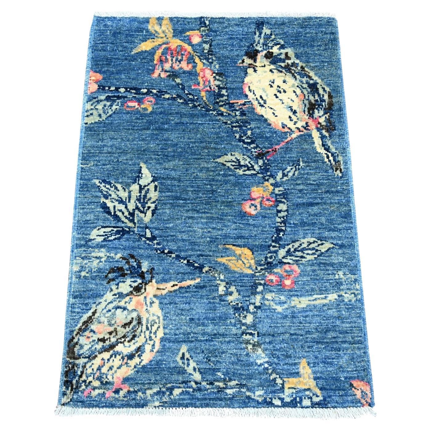 2
x2
10" Yale Blue Sparrows on the Tree Peshawar Pure Wool Hand Knotted Mat Rug For Sale