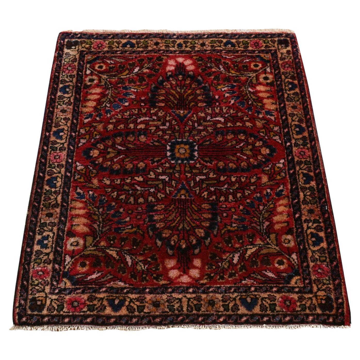 2'x2'6" Jalapeno Red Mat Antique Persian Sarouk Hand Knotted Pure Wool Clean Rug