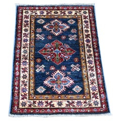2'x2'8" Blue Afghan Super Kazak Medallions Design Hand Knotted Wool Mat Rug