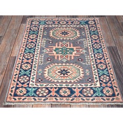 2'x2'8" Gray Kazak with Geometric Pattern Soft Wool Hand Knotted Sample Rug