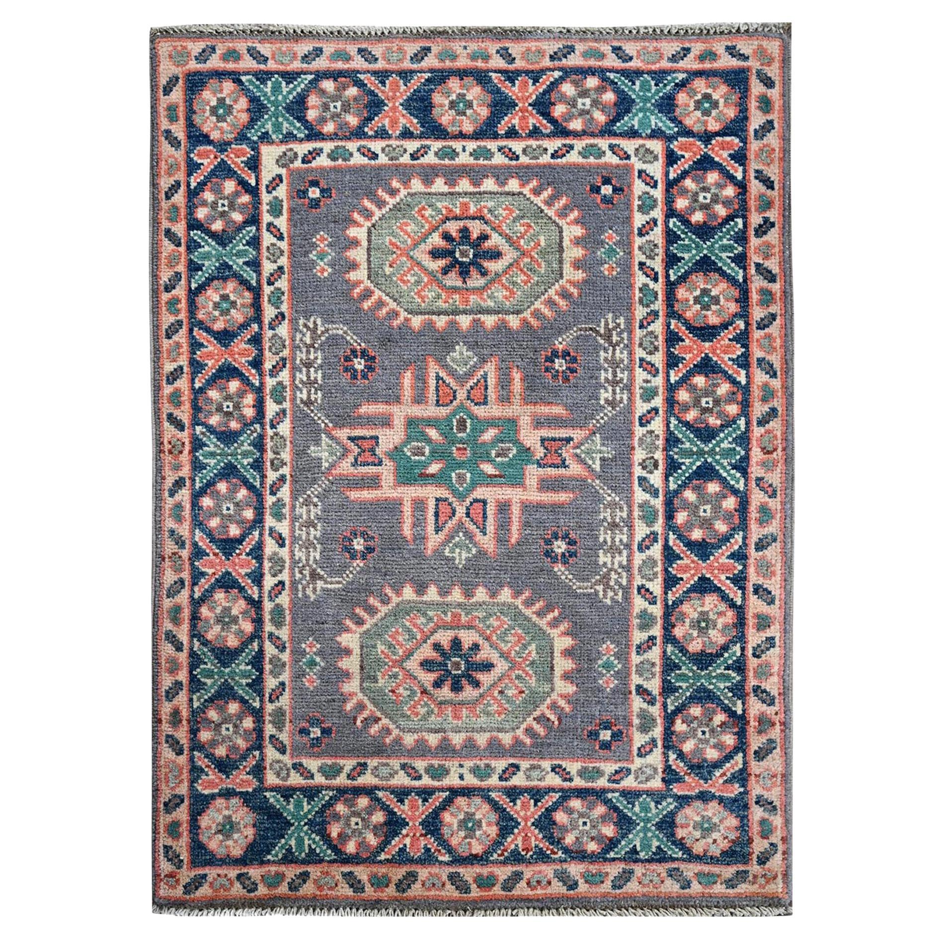 2'x2'8" Gray Kazak with Geometric Pattern Soft Wool Hand Knotted Sample Rug For Sale