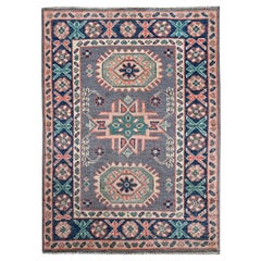 2'x2'8" Gray Kazak with Geometric Pattern Soft Wool Hand Knotted Sample Rug