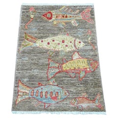 2'x2'9" Brown Afghan Peshawar Oceanic Fish Design Hand Knotted Wool Mat Rug