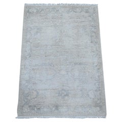 2'x2'9" Ivory Hand Knotted White Wash Peshawar Soft Wool Mat Oriental Rug