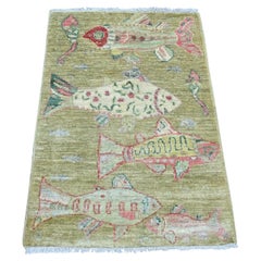 2'x2'9" Swamp Green Hand Knotted Afghan Peshawar Fish Design Pure Wool Mat Rug