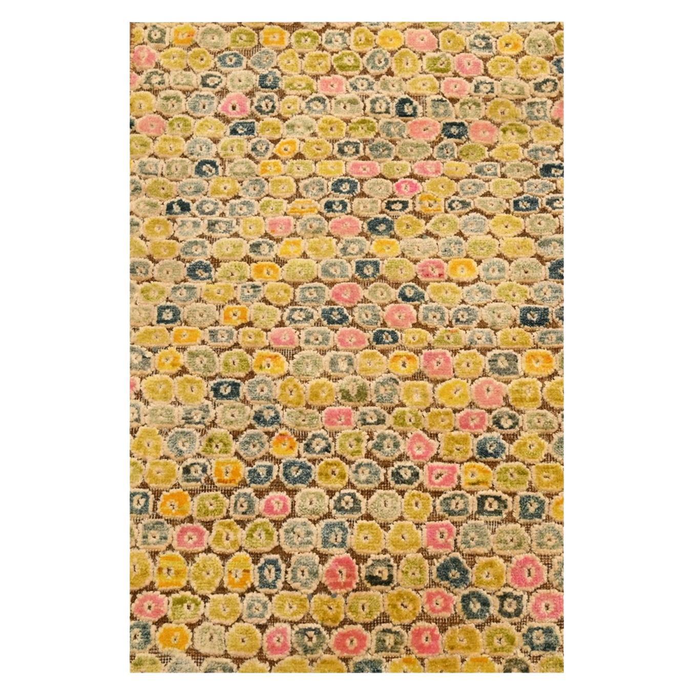 2'x3' Ambra Oro THE BUTTONS Sari Seta Annodato a Mano Tappeto Campione Orientale