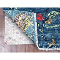 2'x3' Bayern Blue Sparrows on the Tree Peshawar Hand Knotted Wool Mat Rug