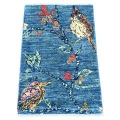 2'x3' Bayern Blue Sparrows on the Tree Peshawar Hand Knotted Wool Mat Rug