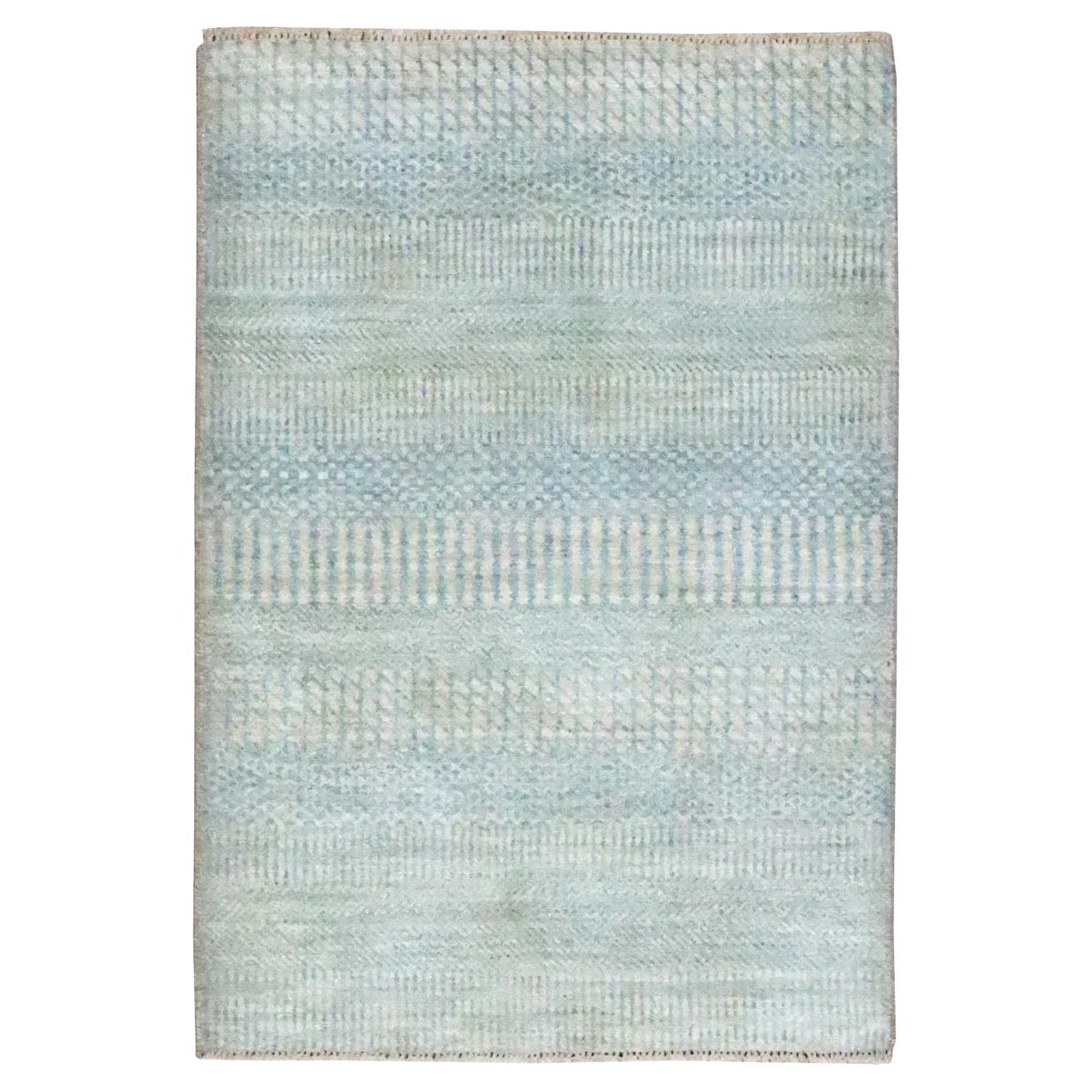2'x3' Beige-Blue Modern Grass Design Hand Knotted Wool and Silk Small Rug For Sale