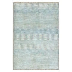 2'x3' Beige-Blue Modern Grass Design Hand Knotted Wool and Silk Small Rug