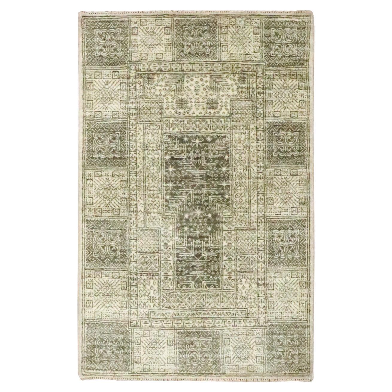 2
x3
 Beige Garden Design Tone on Tone Hand Knotted Pure Wool Mat Small Rug For Sale