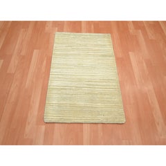 2'x3' Beige Plain Line Design Silk with Oxidized Wool Hand Knotted Mat Rug
