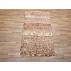 2'x3' Beige-Red Modern Grass Design Hand Knotted Wool and Silk Mat Small Rug