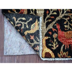 2'x3' Black Peshawar with Birds of Paradise Design Hand Knotted Wool Mat Rug