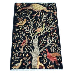 2'x3' Black Peshawar with Birds of Paradise Design Hand Knotted Wool Mat Rug