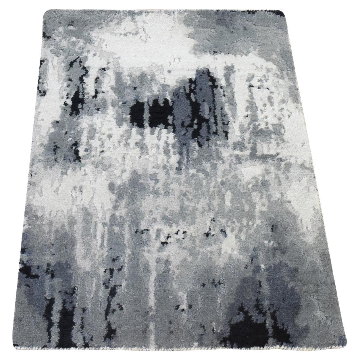 Tapis d
échantillonnage en laine et soie, noué à la main, noir et ivoire, à design abstrait 2
x3
.