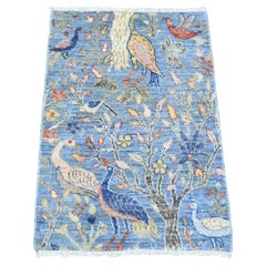 2'x3' Blue Afghan Peshawar Birds of Paradise Design Wool Hand Knotted Rug