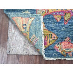 2'x3' Blue Afghan Peshawar Oceanic Fish Design Wool Hand Knotted Mat Rug