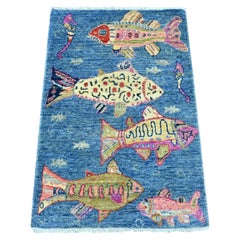 2'x3' Blue Afghan Peshawar Oceanic Fish Design Wool Hand Knotted Mat Rug