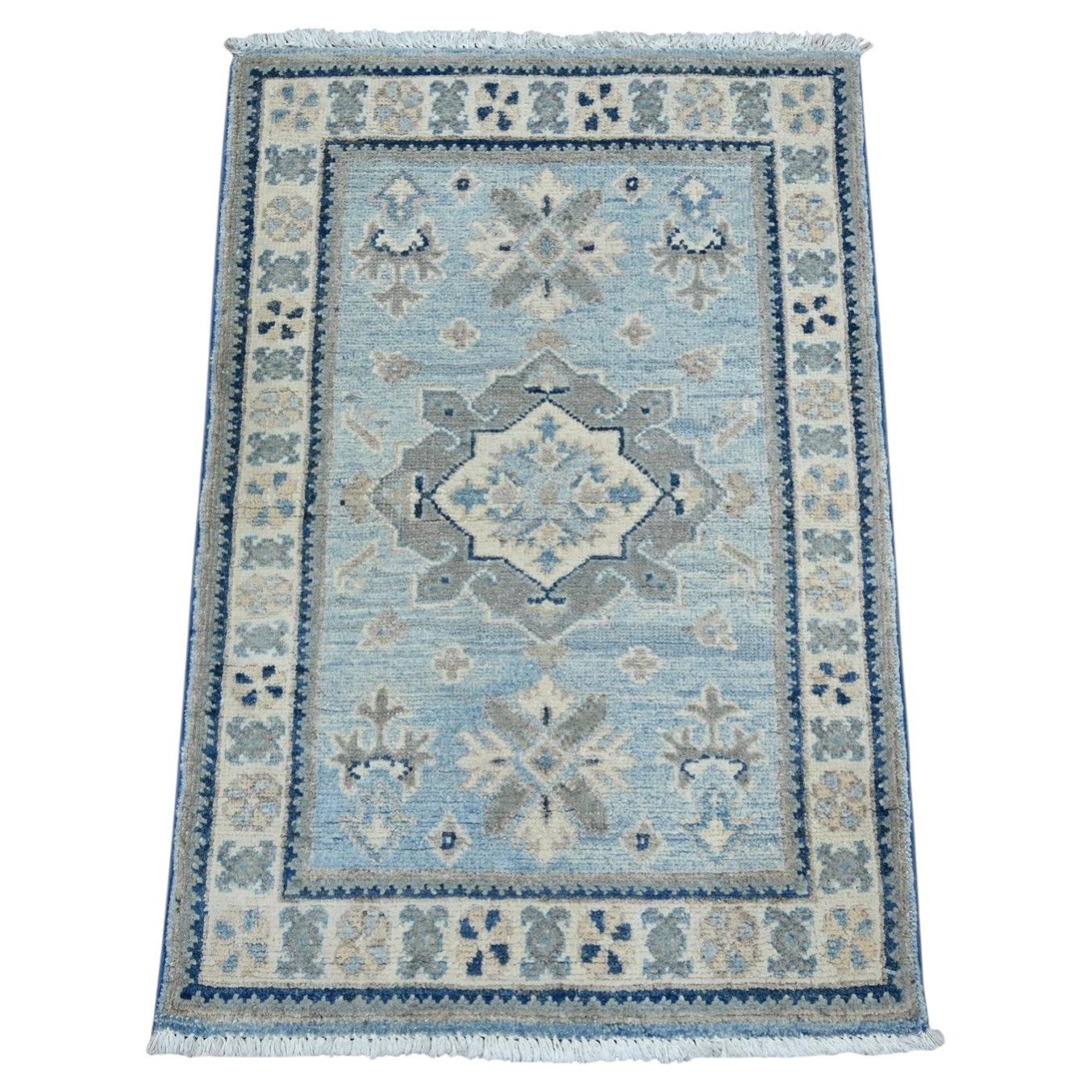 2'x3' Blue Hand Knotted Vintage Look Kazak with Tribal Design Wool Mat Rug