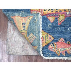 2'x3' Petit tapis bleu Peshawar Oceanic Fish Design Laine douce nouée à la main