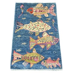 2'x3' Petit tapis bleu Peshawar Oceanic Fish Design Laine douce nouée à la main