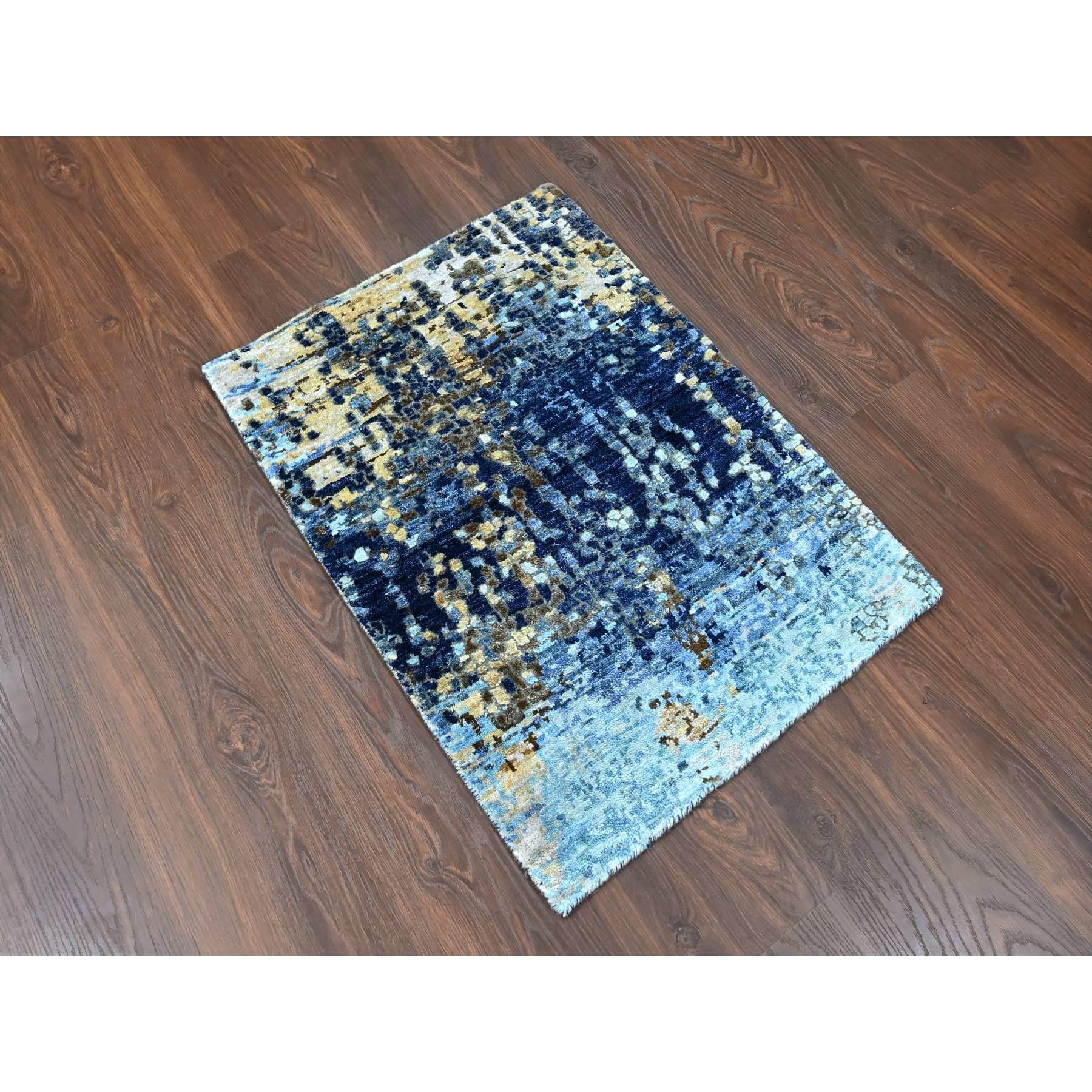 Yale Blue with Mix of Gold, Modern Mosaic Design, Hand Knotted, Persian Knot, Denser Weave, Wool and Silk, Mat, Oriental Rug
Primary materials: Wool & Silk
Latex: No Pile 
height: 0.25 Inches
Style: Contemporary
Primary color: Blue
Secondary colors: