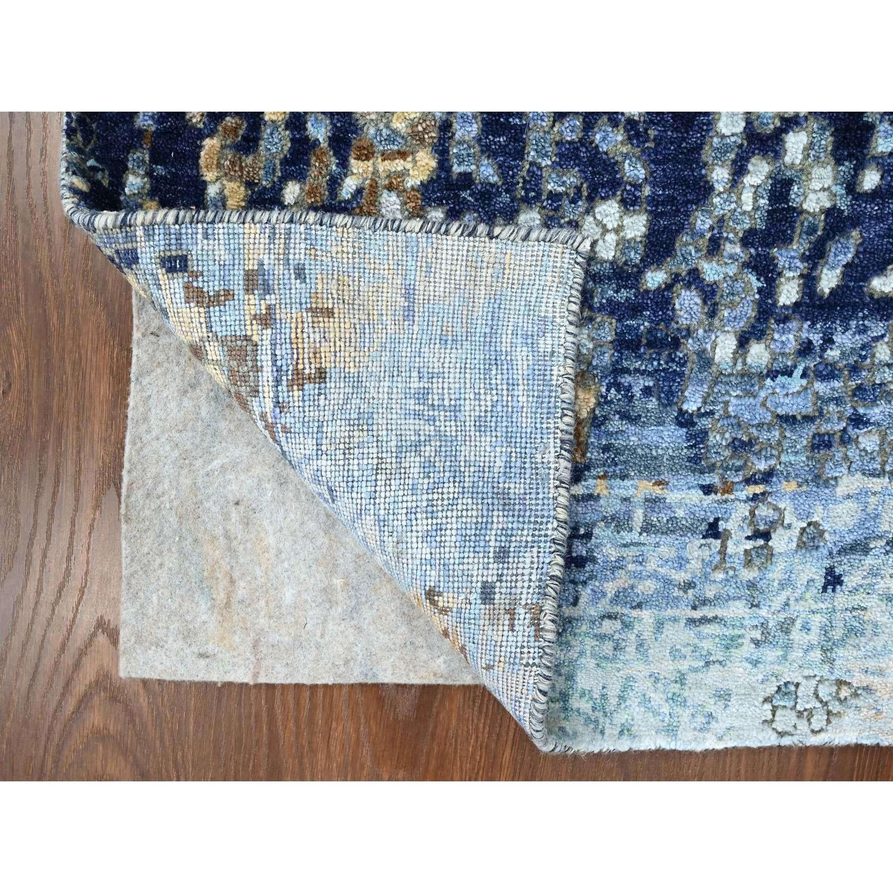 Indian 2'x3' Blue with Gold Modern Mosaic Design Hand Knotted Wool and Silk Rug For Sale