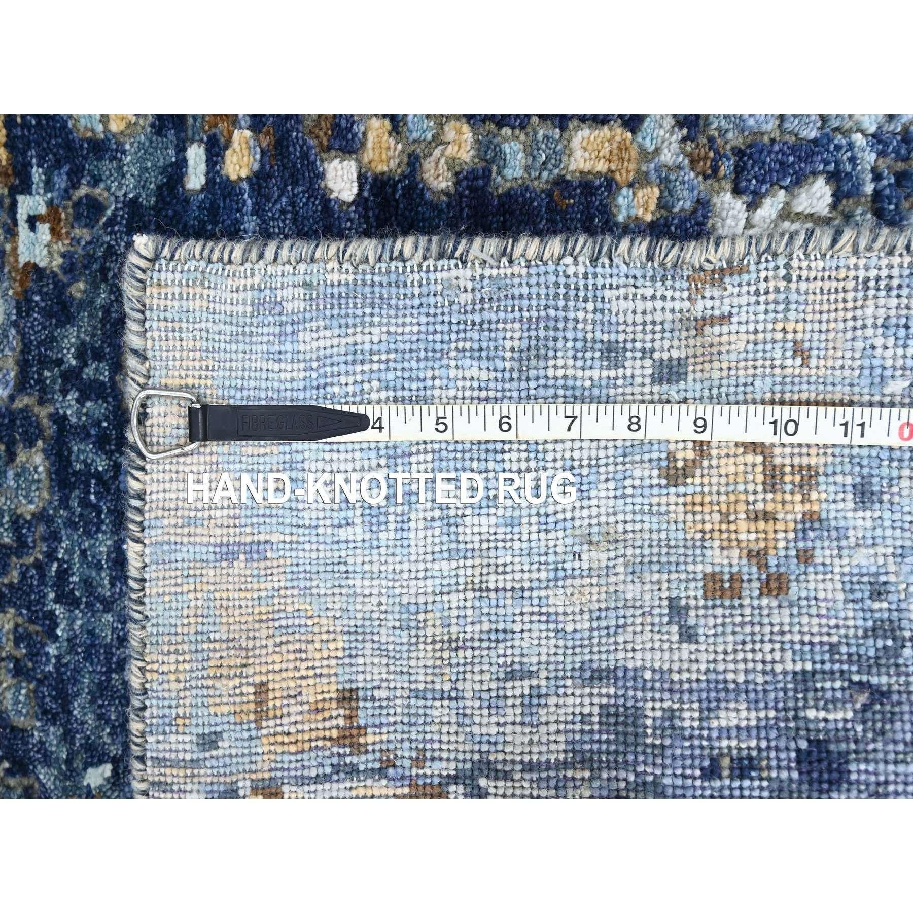 2'x3' Blue with Gold Modern Mosaic Design Hand Knotted Wool and Silk Rug For Sale 2