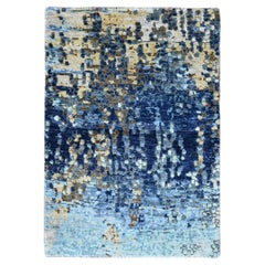 2'x3' Blue with Gold Modern Mosaic Design Hand Knotted Wool and Silk Rug
