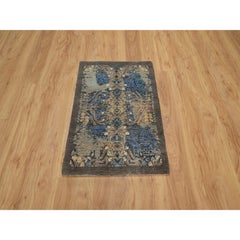 2'x3' Brown Broken Persian Sarouk Design Hand Knotted Wool and Silk Mat Rug
