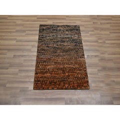 2'x3' Brown Grass Design with Looped Pile Pure Wool Hand Knotted Rug