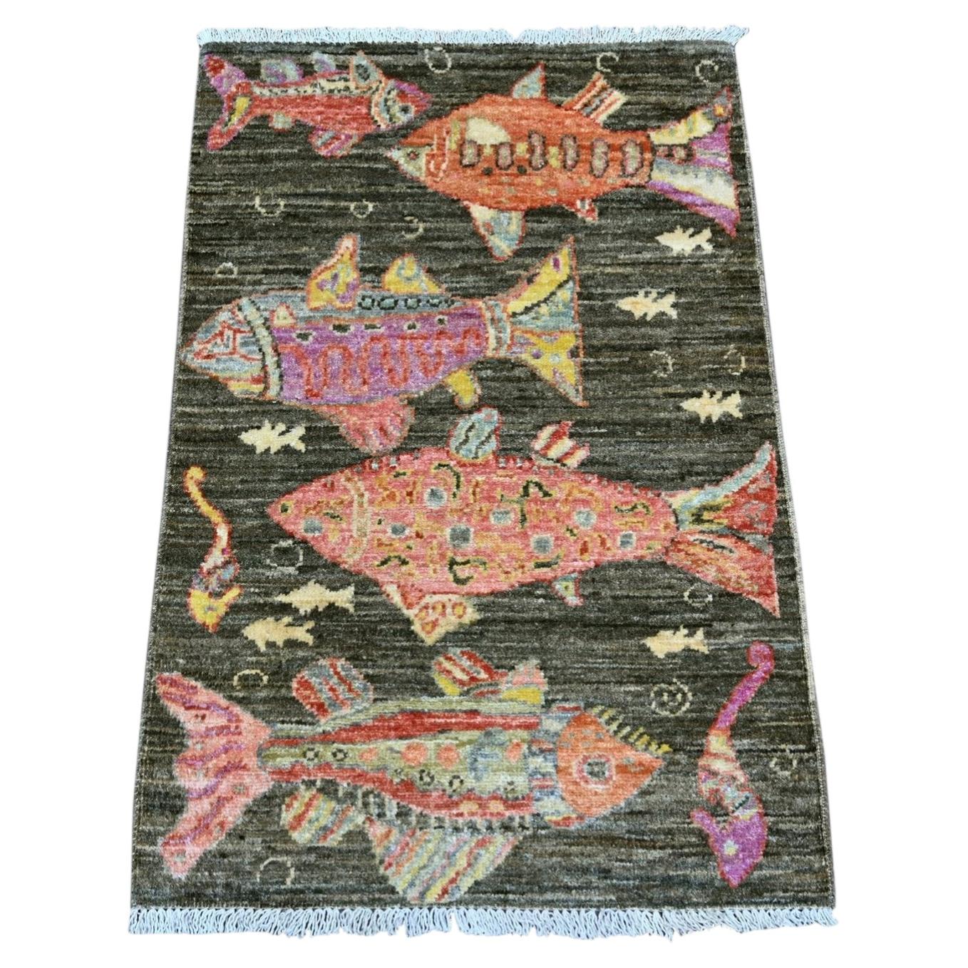 2'x3' Brown Hand Knotted Afghan Peshawar Oceanic Fish Design Wool Mat Rug
