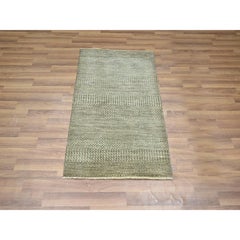 2'x3' Brown Hand Knotted Wool and Silk Grass Design Mat Sample Oriental Rug