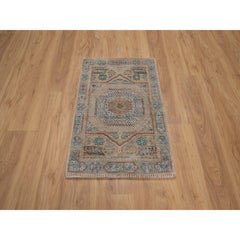 2'x3' Brown Mamluk Design with Medallion Hand Knotted Wool and Silk Mat Rug