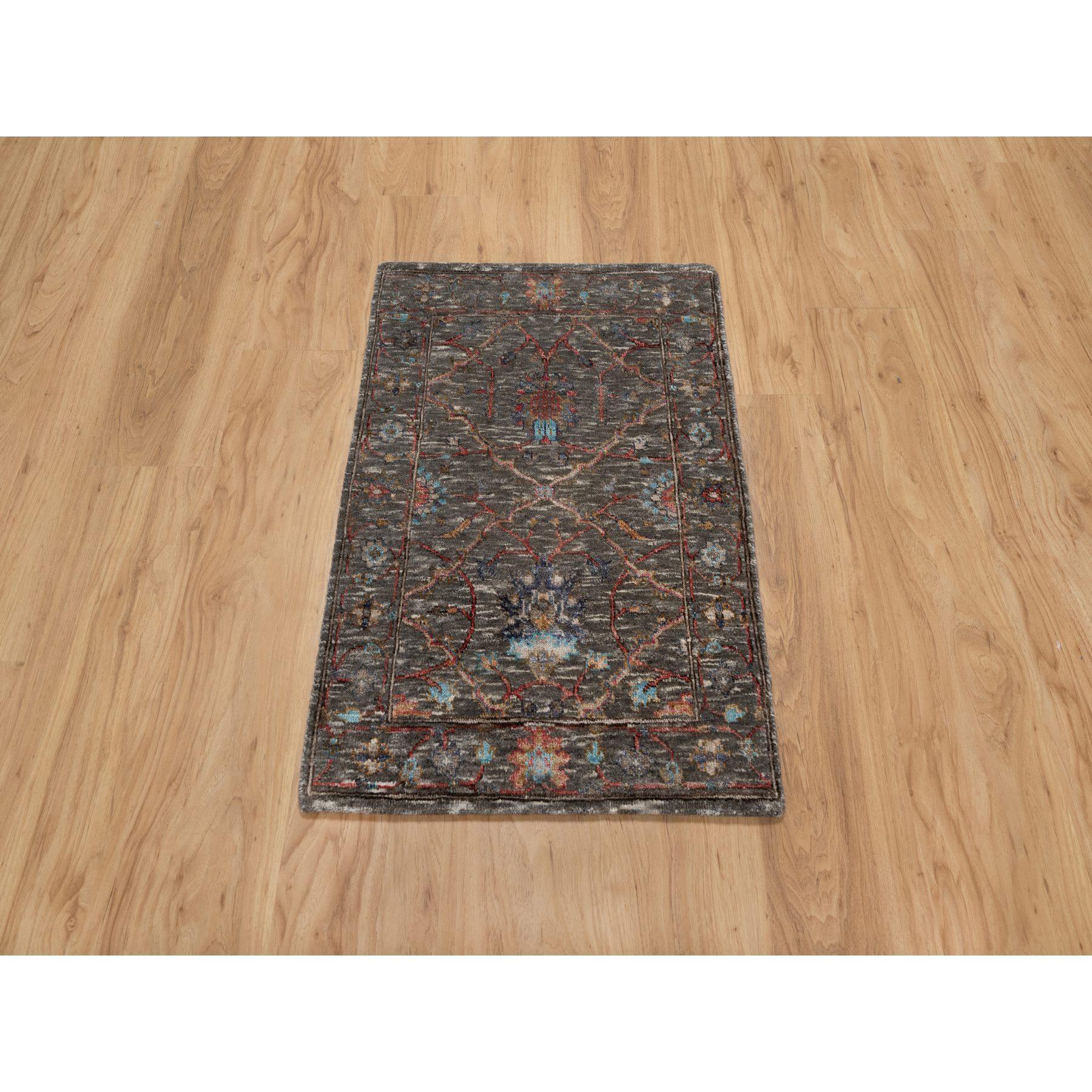 Morel Brown, Persian Scrolls Leaf and Flower Design, Striae Pattern, Hand Knotted, Textured Wool and Silk, Mat, Oriental Rug
Primary materials: Wool & Silk
Latex: No Pile 
height: 0.25 Inches
Style: Transitional
Primary color: Brown
Secondary